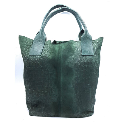 Gator shopper bag in alligator-embossed suede leather ~ Fir green 