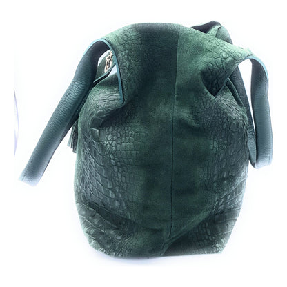 Gator shopper bag in alligator-embossed suede leather ~ Fir green 