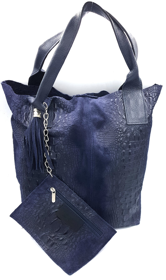 Gator Alligator Embossed Suede Leather Shopper Bag ~ Navy Blue