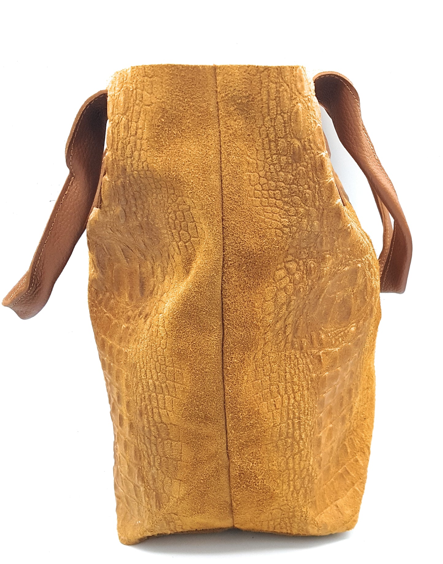 Gator shopper bag in alligator-embossed suede leather ~ Camel