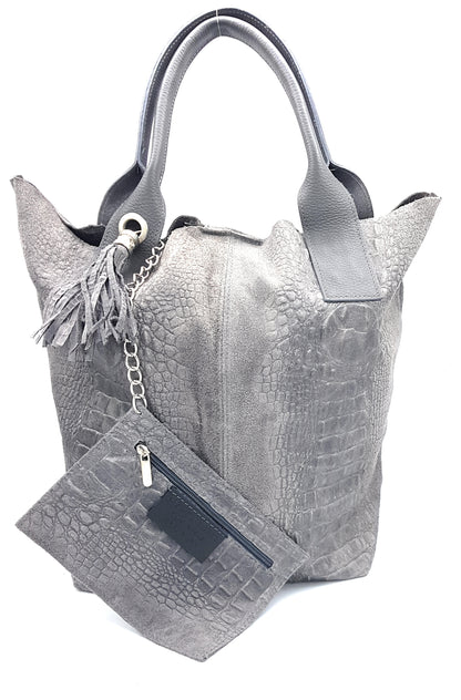 Gator Shopper Bag in Alligator Embossed Suede Leather ~ Grey