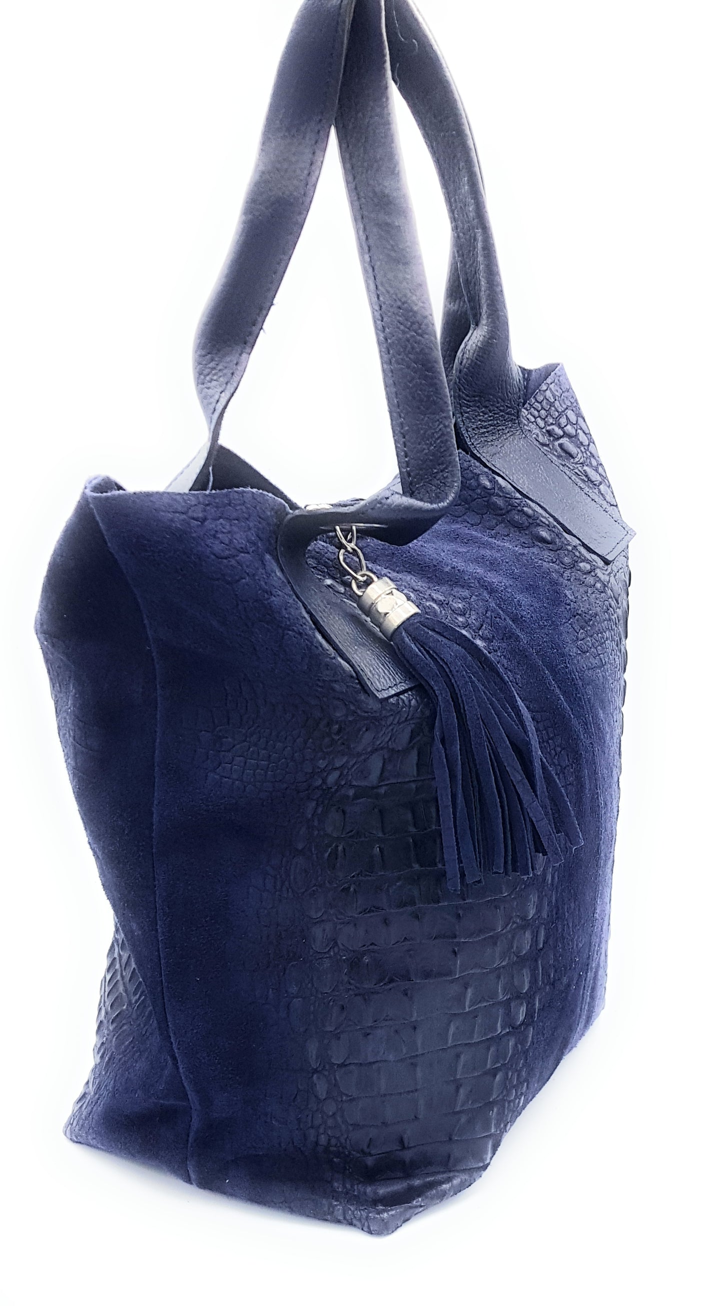 Gator Alligator Embossed Suede Leather Shopper Bag ~ Navy Blue