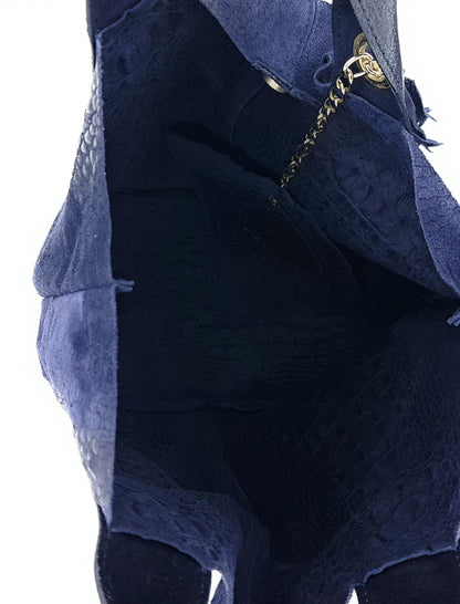 Gator Alligator Embossed Suede Leather Shopper Bag ~ Navy Blue
