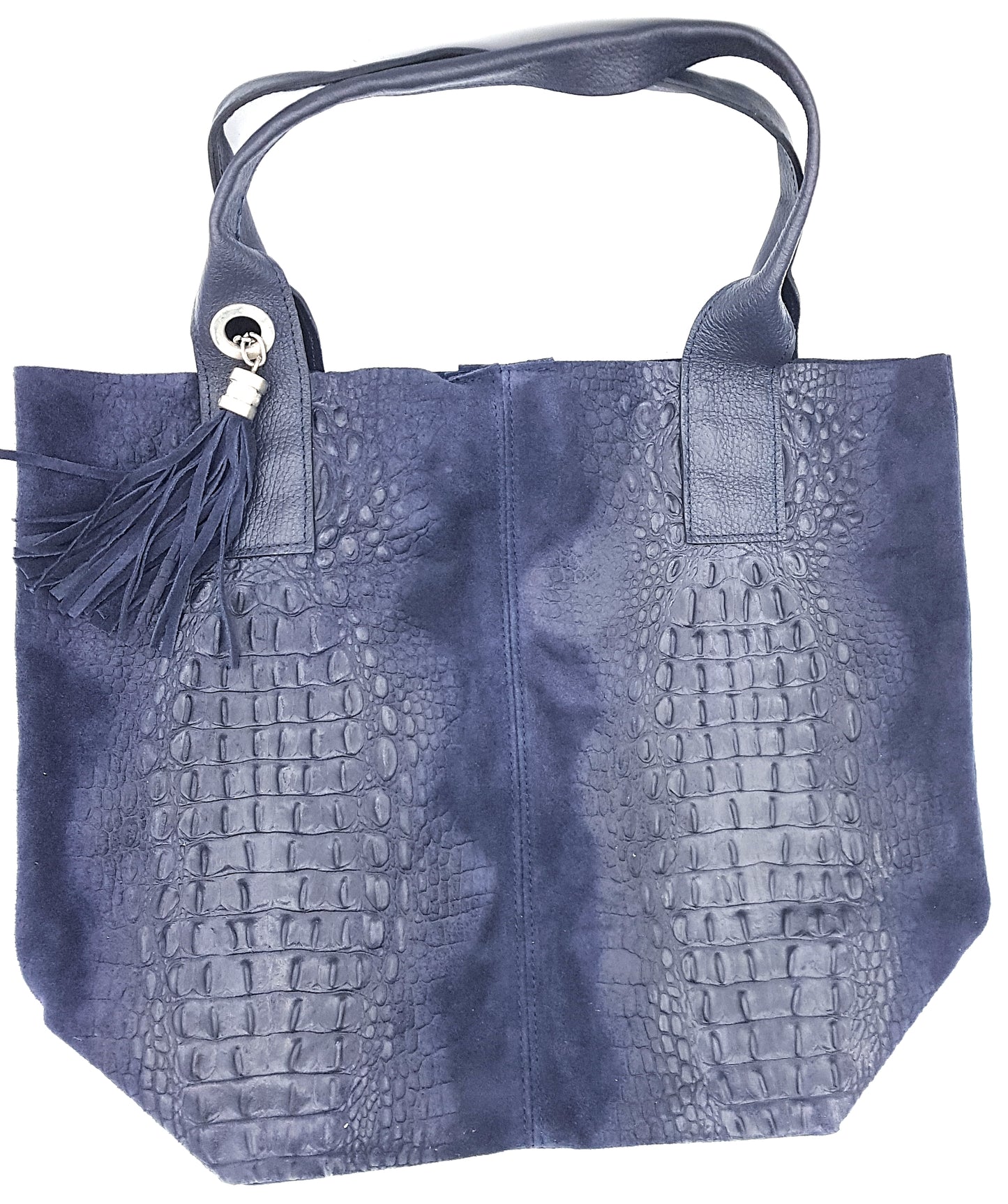 Gator Alligator Embossed Suede Leather Shopper Bag ~ Navy Blue