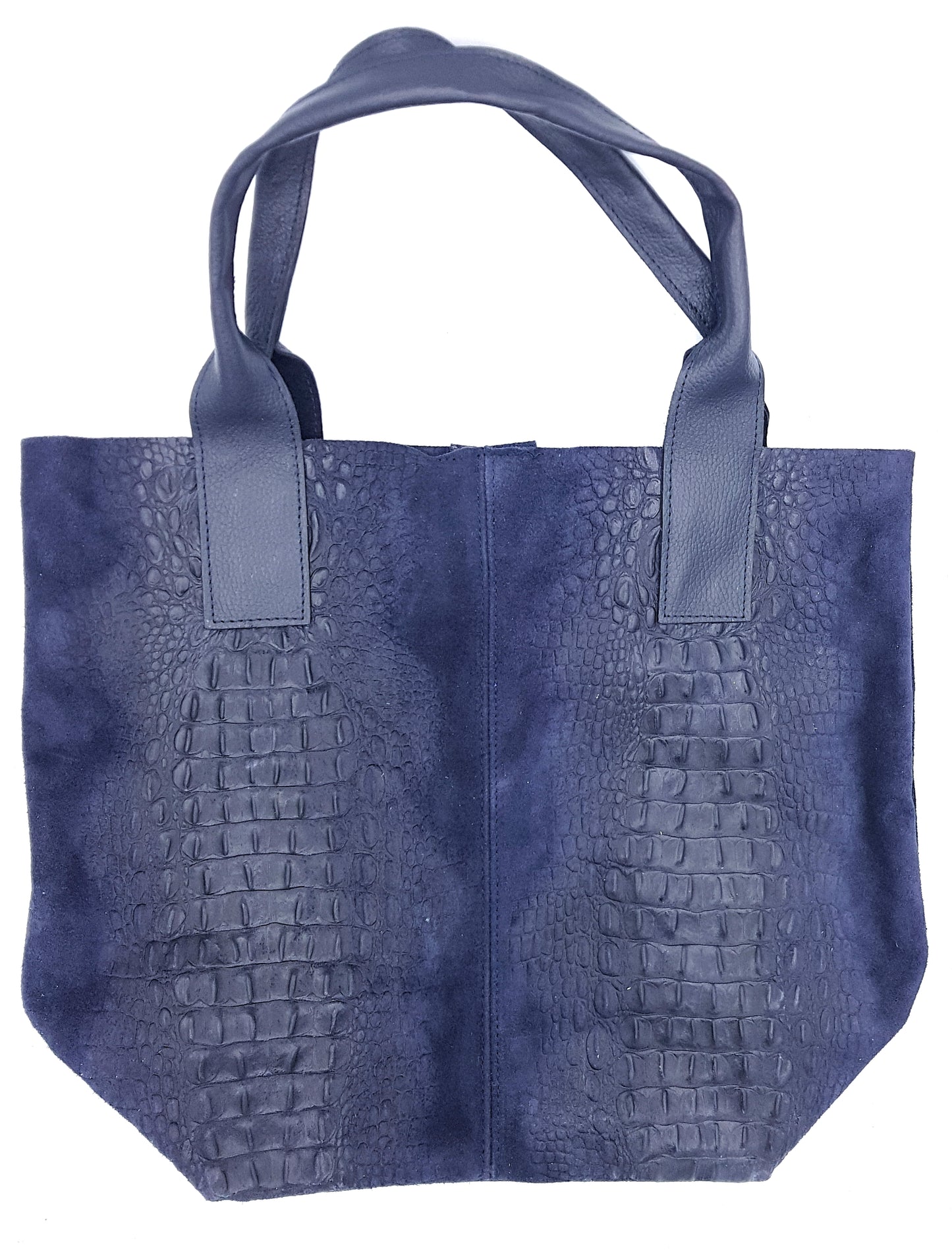 Gator Alligator Embossed Suede Leather Shopper Bag ~ Navy Blue