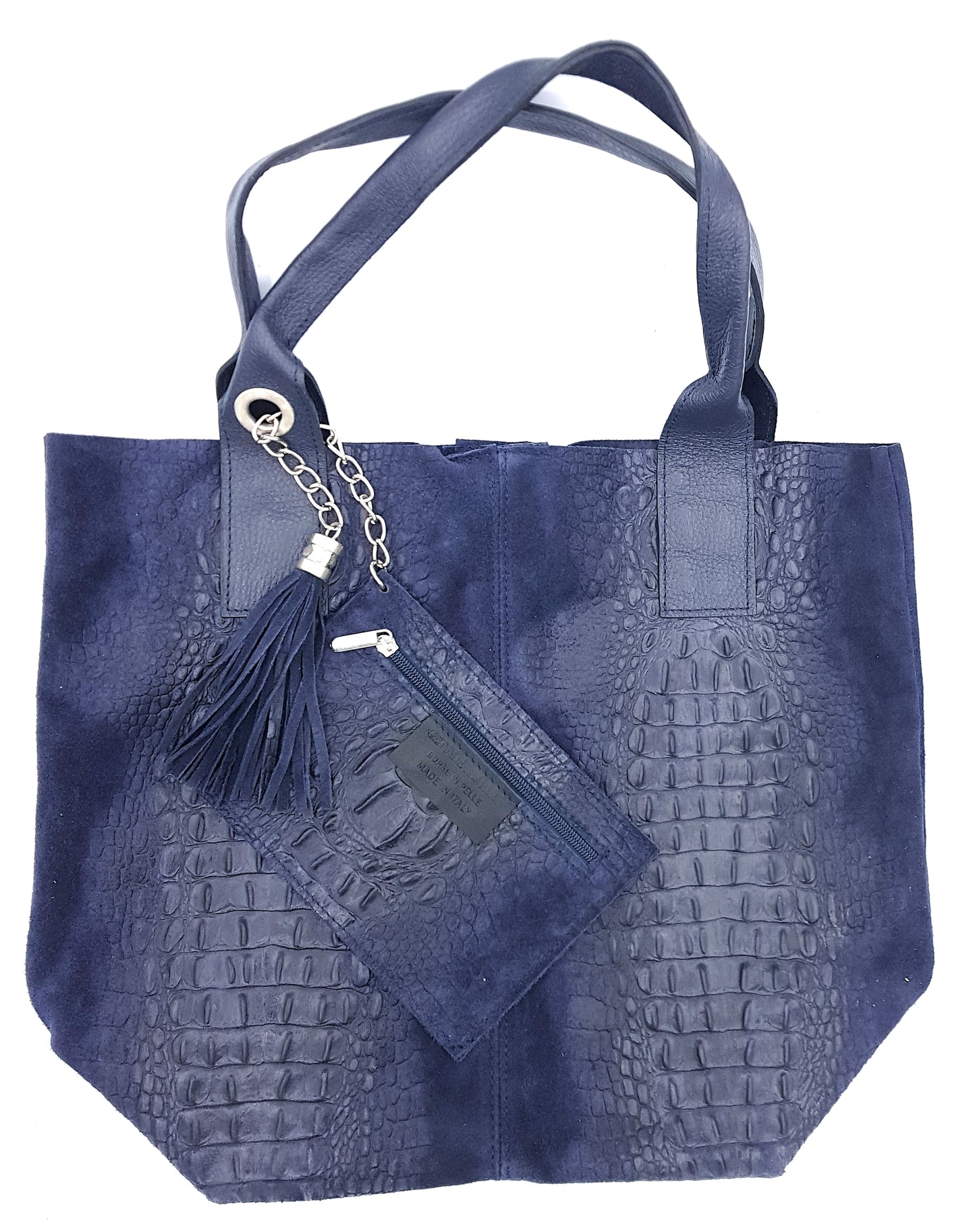 Gator Alligator Embossed Suede Leather Shopper Bag ~ Navy Blue