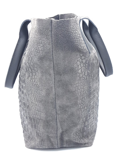 Gator Shopper Bag in Alligator Embossed Suede Leather ~ Grey