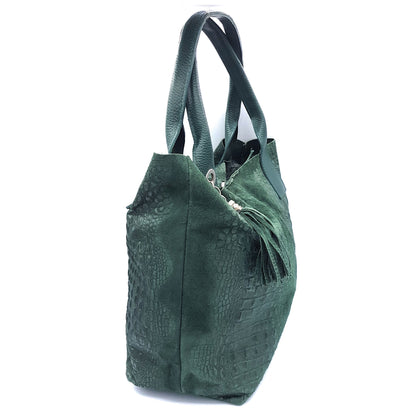 Gator shopper bag in alligator-embossed suede leather ~ Fir green 