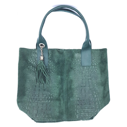 Gator shopper bag in alligator-embossed suede leather ~ Fir green 
