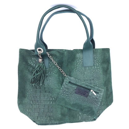 Gator shopper bag in alligator-embossed suede leather ~ Fir green 