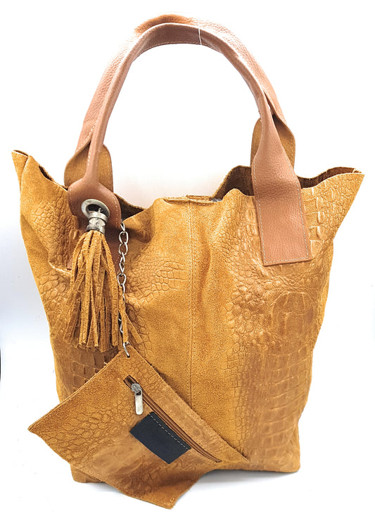 Gator shopper bag in alligator-embossed suede leather ~ Camel