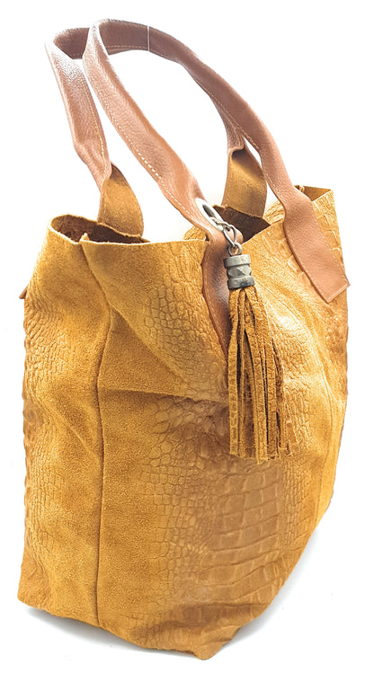Gator shopper bag in alligator-embossed suede leather ~ Camel