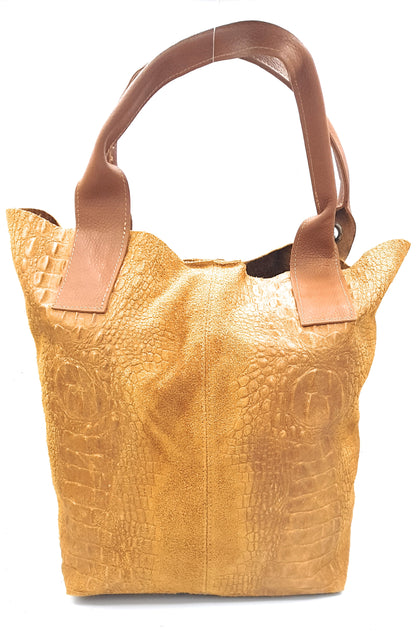 Gator shopper bag in alligator-embossed suede leather ~ Camel