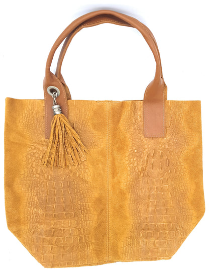 Gator shopper bag in alligator-embossed suede leather ~ Camel