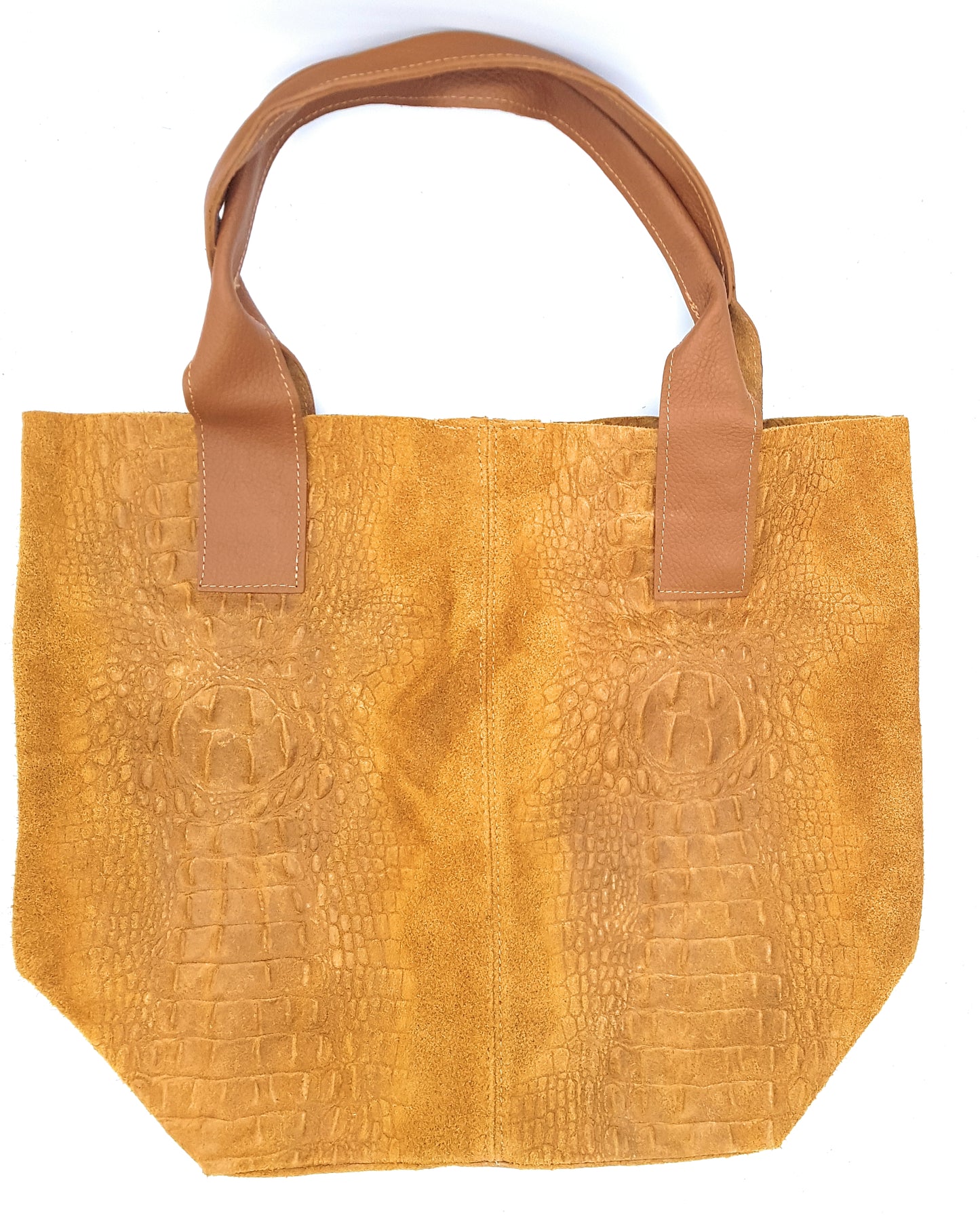 Gator shopper bag in alligator-embossed suede leather ~ Camel