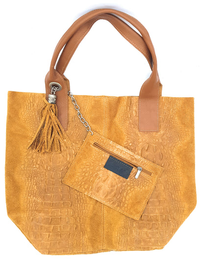 Gator shopper bag in alligator-embossed suede leather ~ Camel