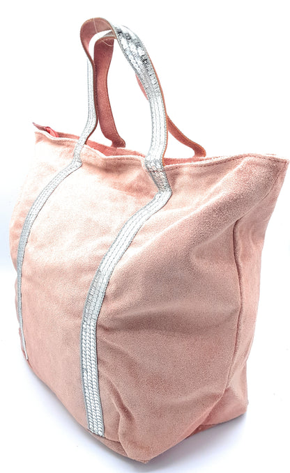 Kaya Suede Leather Sequin Tote Bag ~ Coral