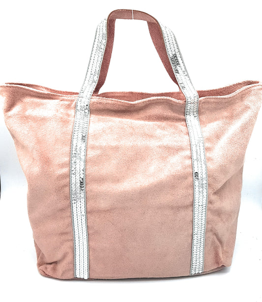 Kaya Suede Leather Sequin Tote Bag ~ Coral