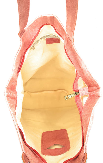 Kaya Suede Leather Sequin Tote Bag ~ Coral