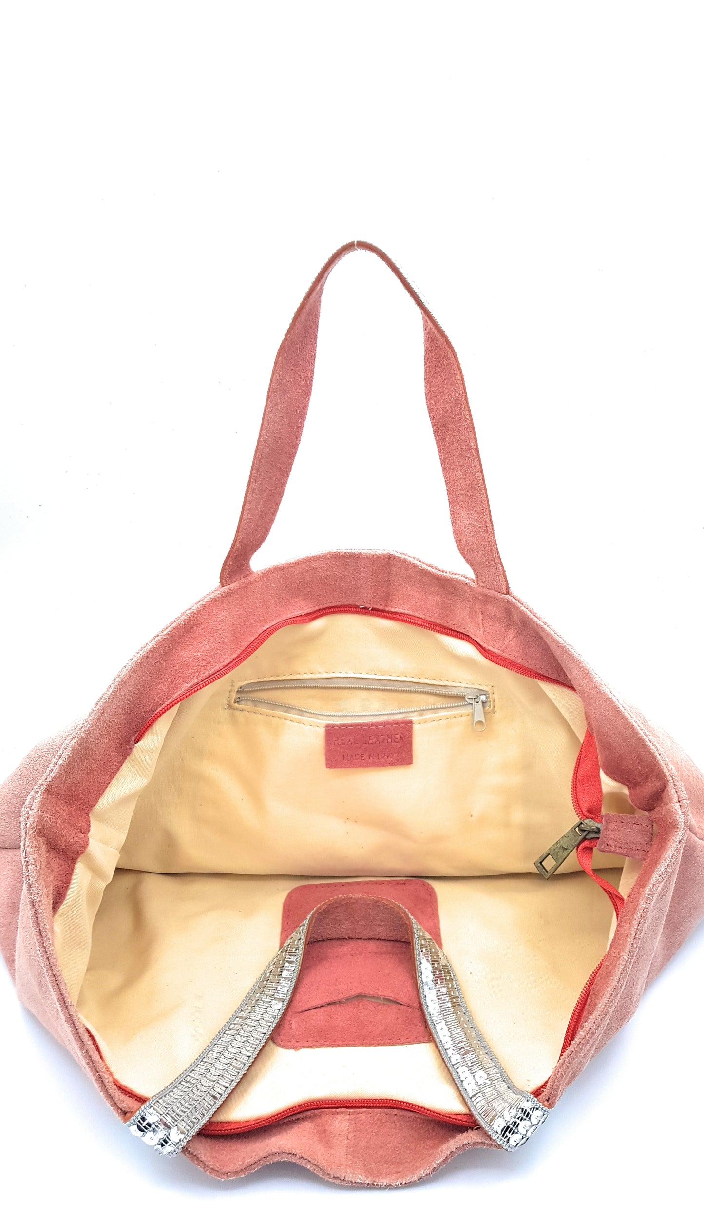 Kaya Suede Leather Sequin Tote Bag ~ Coral