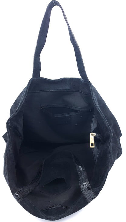 Kaya Suede Leather Sequin Tote Bag ~ Black