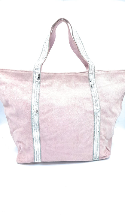 Kaya Suede Leather Sequin Tote Bag ~ Pale Pink