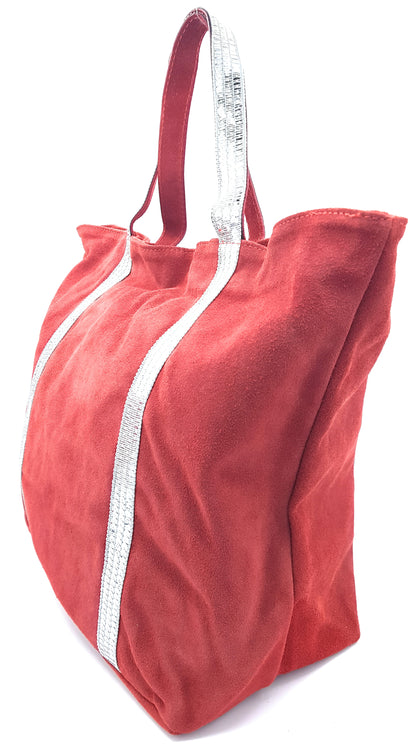 Kaya Suede Leather Sequin Tote Bag ~ Red