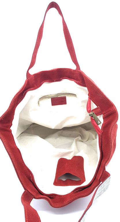 Kaya Suede Leather Sequin Tote Bag ~ Red