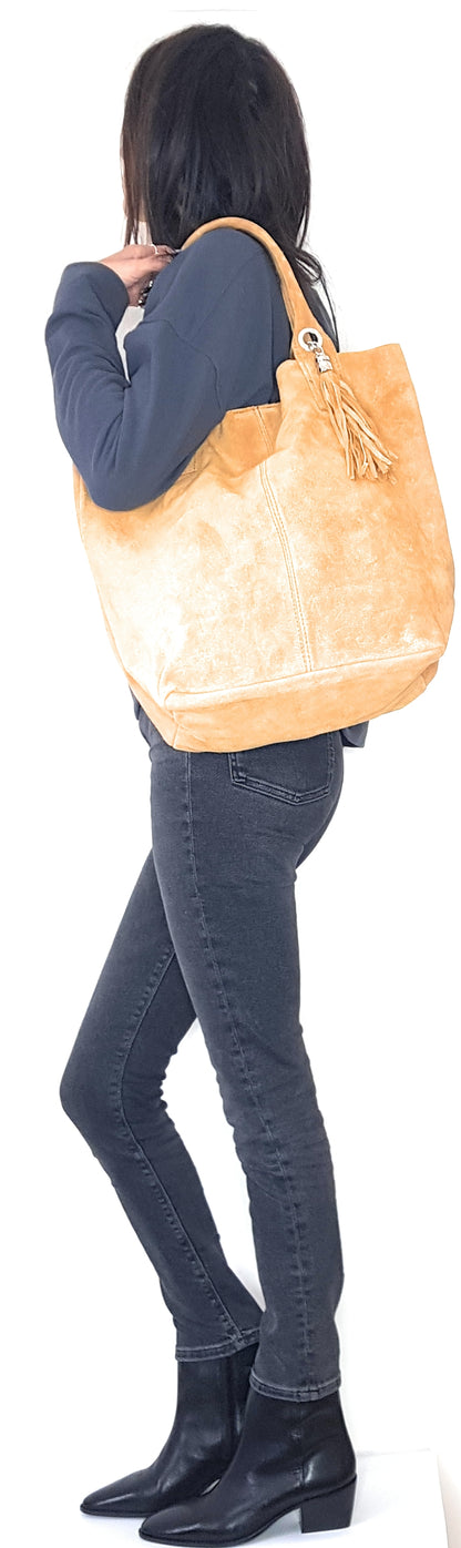 Aiyana Suede Leather Shopper Bag ~ Sand