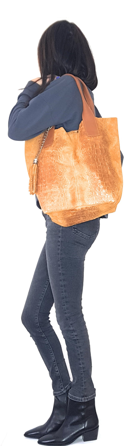 Gator shopper bag in alligator-embossed suede leather ~ Camel