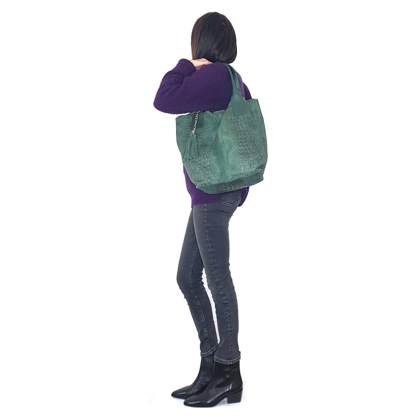 Sac shopper Gator en cuir suèdé embossé alligator ~ Vert sapin