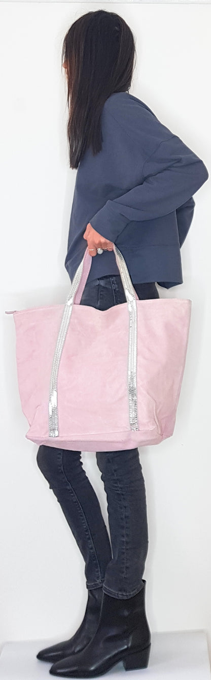 Kaya Suede Leather Sequin Tote Bag ~ Pale Pink