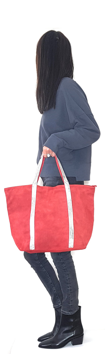 Kaya Suede Leather Sequin Tote Bag ~ Red