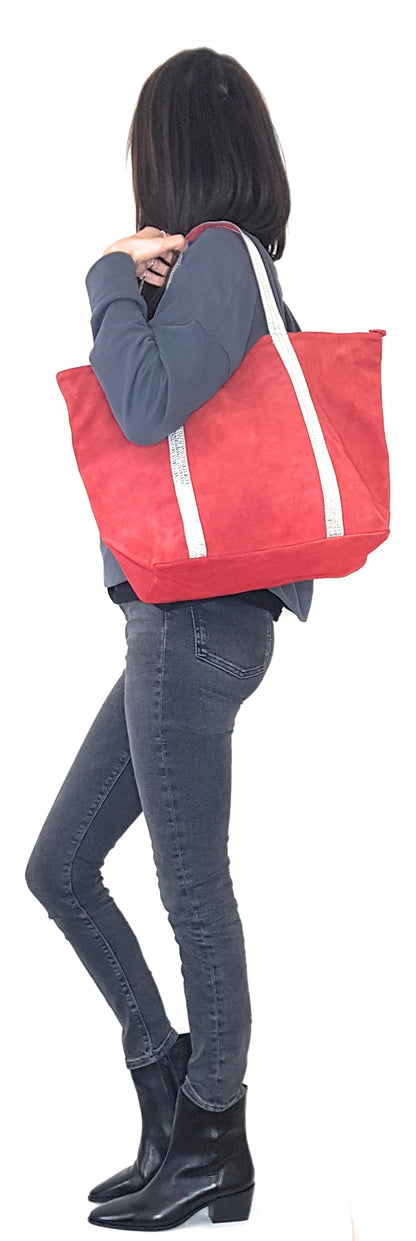 Kaya Suede Leather Sequin Tote Bag ~ Red