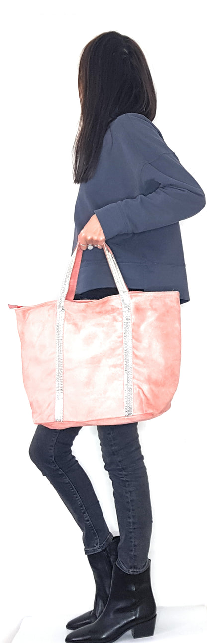 Kaya Suede Leather Sequin Tote Bag ~ Coral