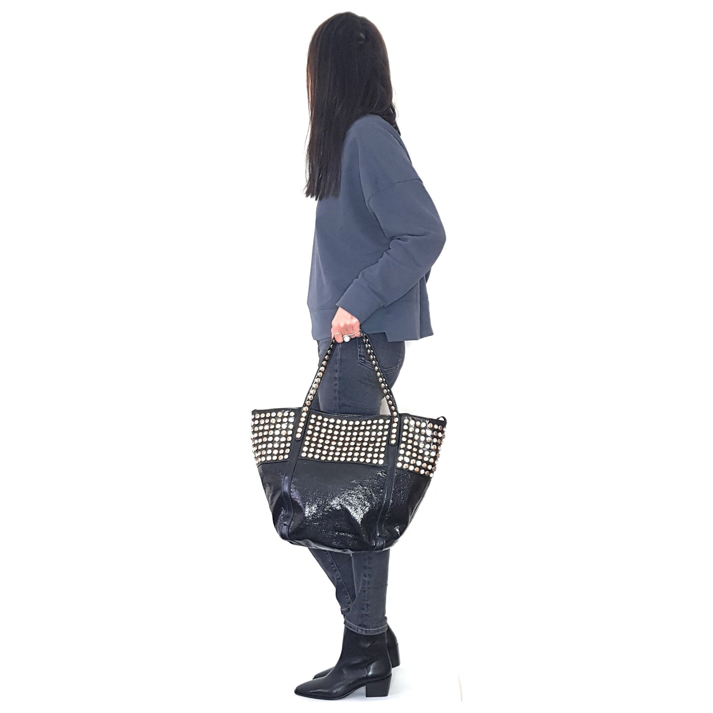 Shine Faux Leather Rhinestone Tote Bag ~ Black