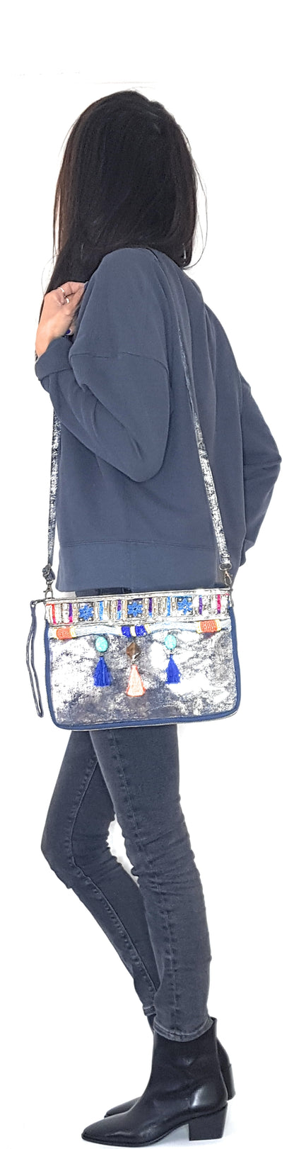 Cherokee Iridescent Leather Clutch Bag with Embroidery and Beads ~ Silver Blue