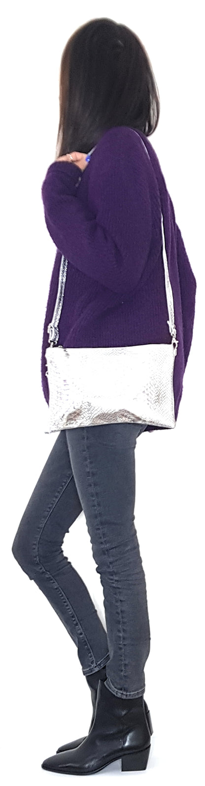 Sac pochette Snake en cuir irisé ~ Argenté