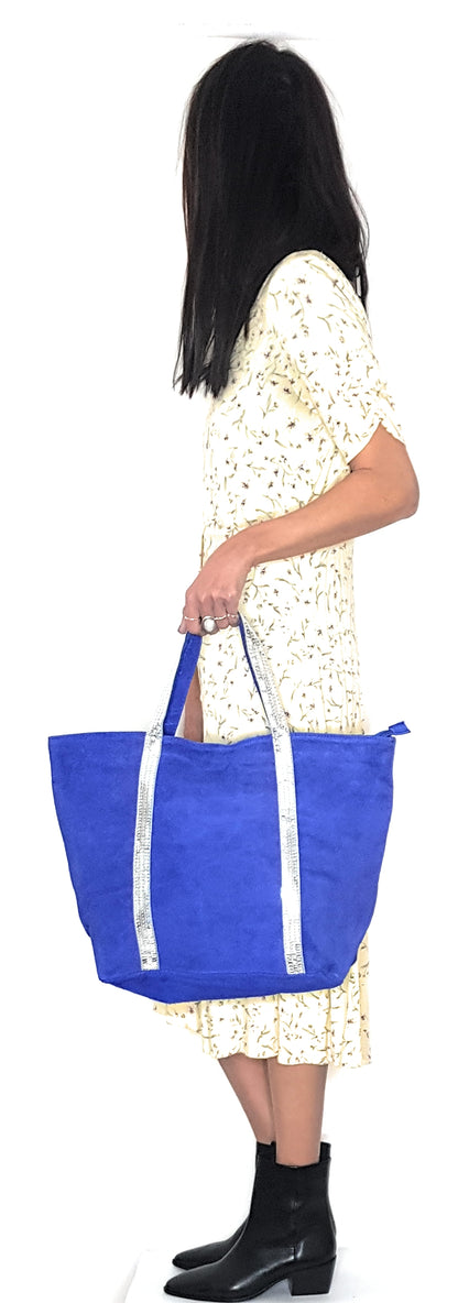 Kaya tote bag in sequinned suede leather ~ Royal blue