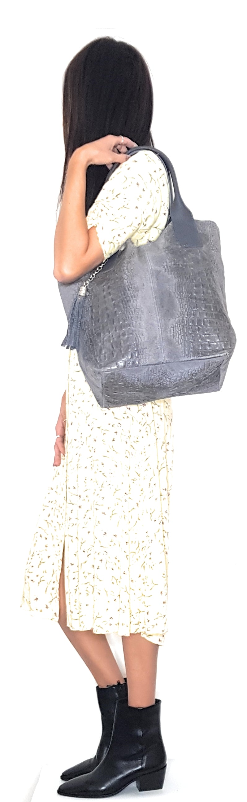 Gator Shopper Bag in Alligator Embossed Suede Leather ~ Grey