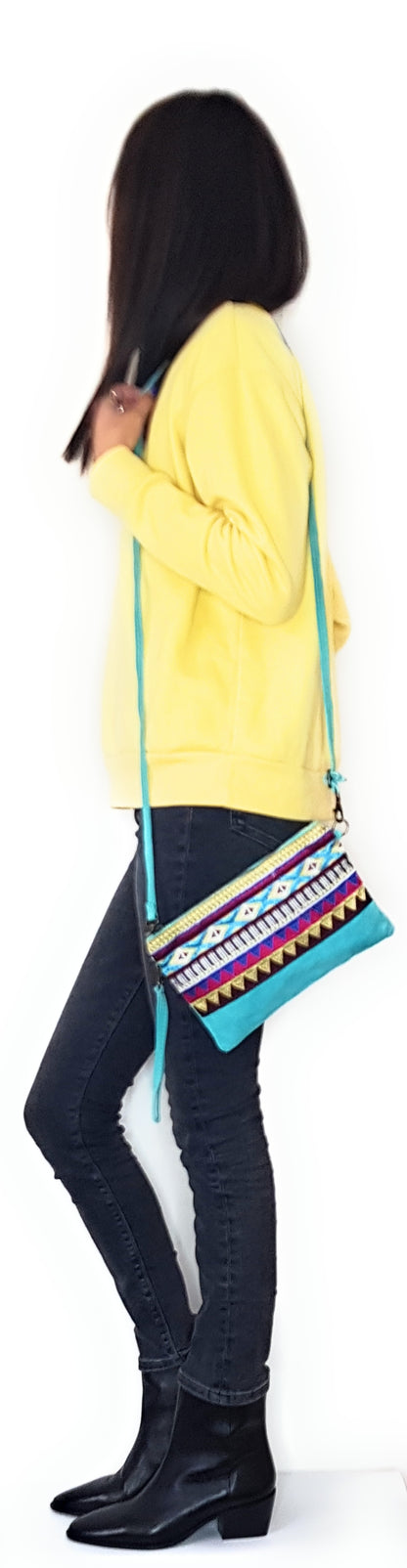 Namata Suede Leather Clutch Bag with Embroidery ~ Turquoise