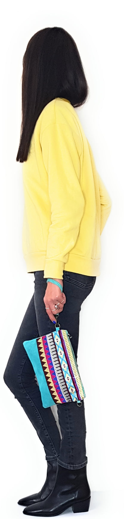 Namata Suede Leather Clutch Bag with Embroidery ~ Turquoise