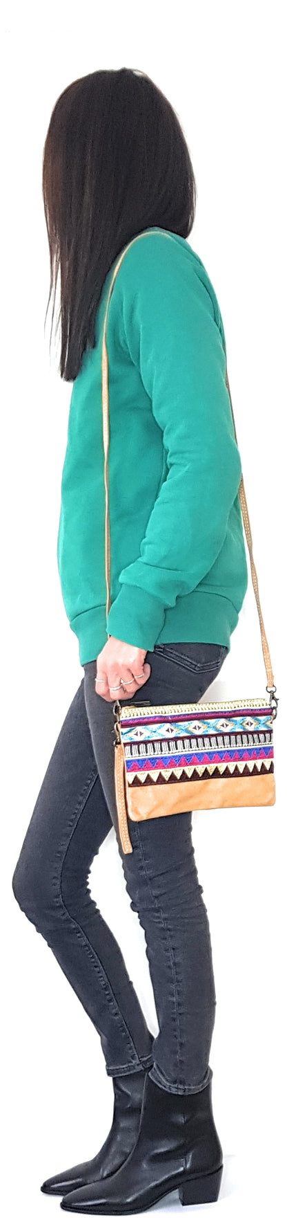 Namata Suede Leather Clutch Bag with Embroidery ~ Camel