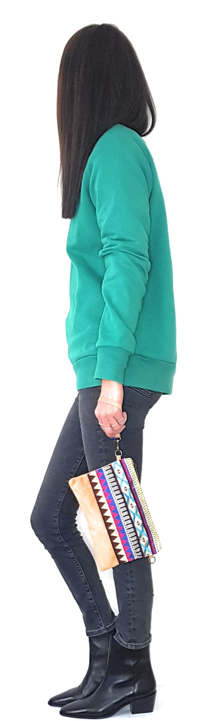 Namata Suede Leather Clutch Bag with Embroidery ~ Camel