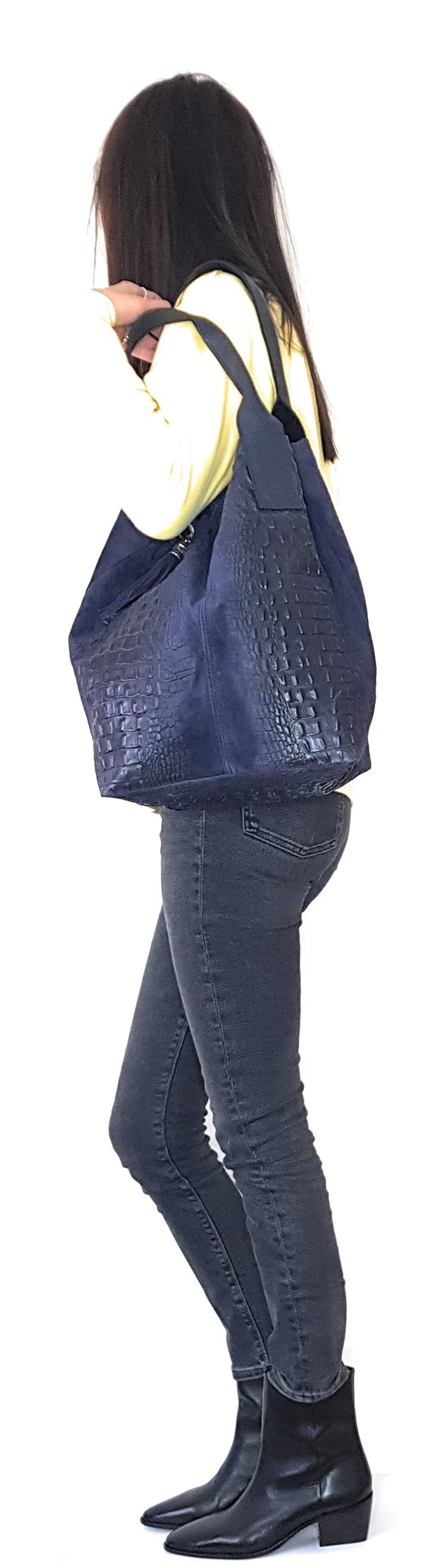 Gator Alligator Embossed Suede Leather Shopper Bag ~ Navy Blue