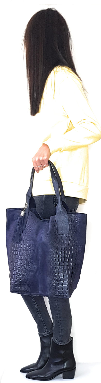 Gator Alligator Embossed Suede Leather Shopper Bag ~ Navy Blue