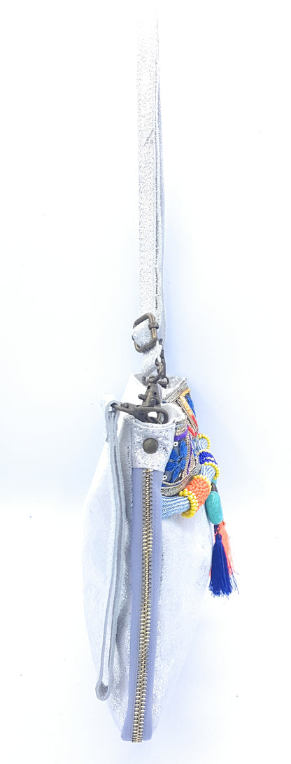 Cherokee Iridescent Leather Clutch Bag with Embroidery and Beads ~ Silver