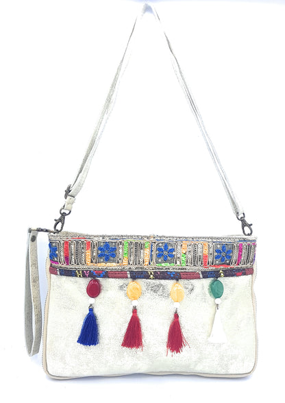 Cherokee Iridescent Leather Clutch Bag with Embroidery and Beads ~ Gold