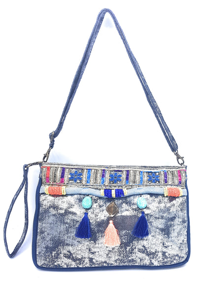 Cherokee Iridescent Leather Clutch Bag with Embroidery and Beads ~ Silver Blue