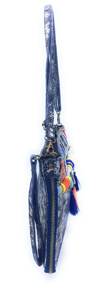 Cherokee Iridescent Leather Clutch Bag with Embroidery and Beads ~ Silver Blue